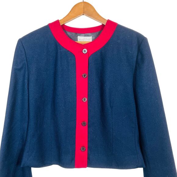 Vintage Miss Pendleton Virgin Wool Blazer Navy Maroon Button Front - M - Picture 1 of 6